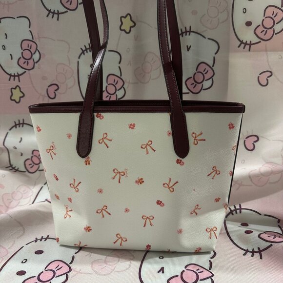 Coach Pink Bow Print Tote Bag Large Capacity - Picture 2 of 6
